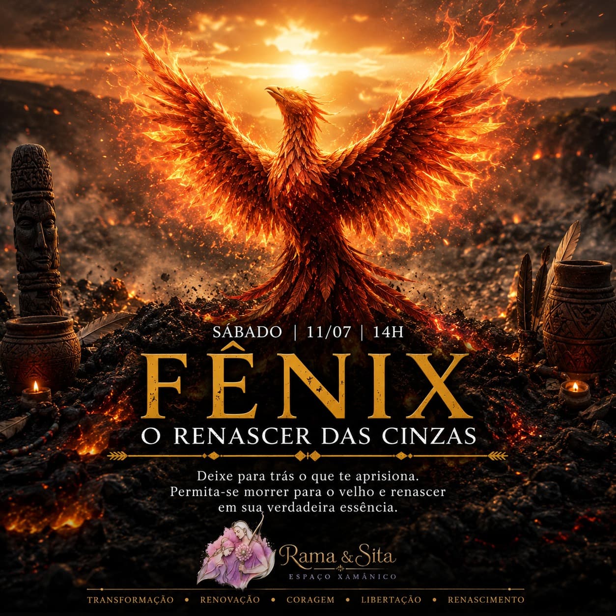 Capa: Fênix - O Renascer das Cinzas - Uma vivência dedicada à transformação profunda e à abertura de um novo ciclo de vida.