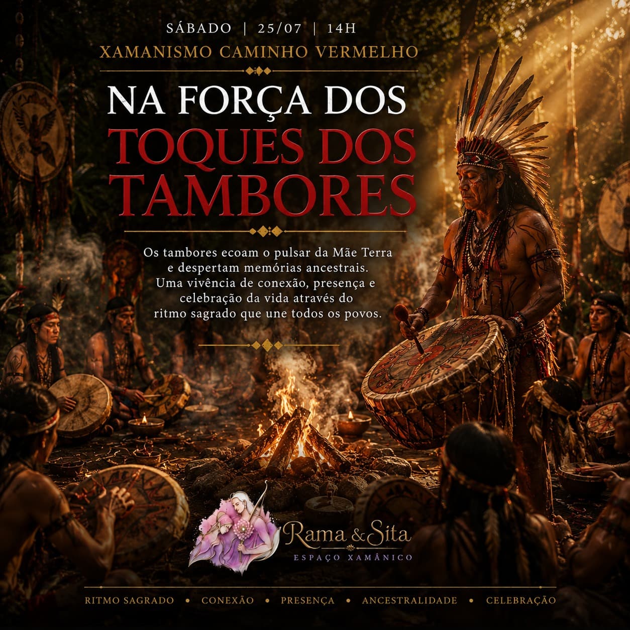 Capa: Xamanismo Caminho Vermelho - Na Força dos Toques dos Tambores. Uma vivência de conexão, presença e celebração da vida através do ritmo sagrado.