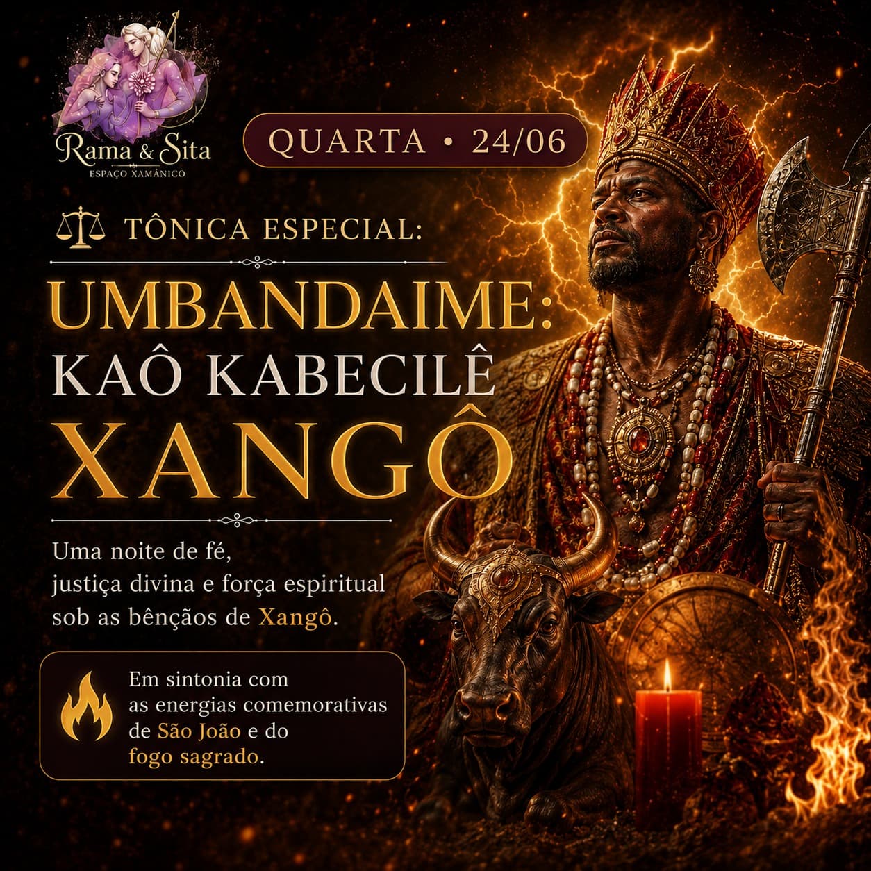 Capa: UMBANDAIME: KAÔ KABECILÊ XANGÔ - Uma noite de fé, justiça divina e força espiritual sob as bênçãos de Xangô. Em sintonia com as energias comemorativas de São João e do fogo sagrado.